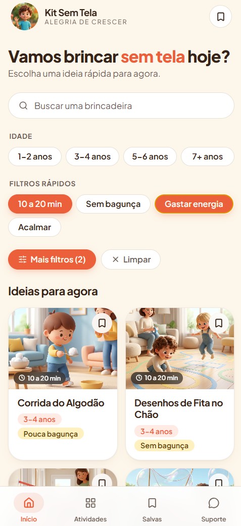 Tela inicial do app Kit Atividades Sem Tela: busca, filtros por idade, filtros rápidos e cards de atividades