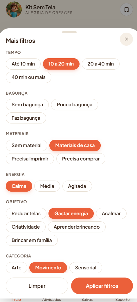 Tela de filtros do app Kit Atividades Sem Tela: tempo, bagunça, materiais, energia, objetivo e categoria